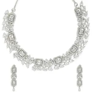 Zeneme Rhodium-ColorWith Silver-Toned Green And White Studded Necklace And Earrings Jewellery Set For Women