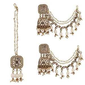 Charming Jewellery Full Mirror Style Huge Jhumka Kaan Chain and Tikka Earrings Set