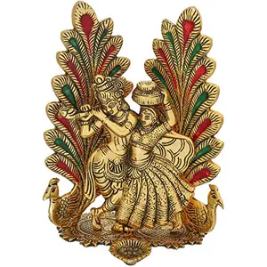 Collectible India Peacock Design Radha Krishna Idol Showpiece with Diya for Puja and Home Decor (8 x 6 Inches) Metal Gold (1 Piece)