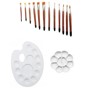 KHYATI Oval Big and Flower Small Colour Mixing Palette/Plate with Willson Artist Round and Flat t Brushes (Set of 12)