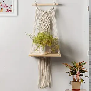 Decazone Macram Wooden Wall Hanging Shelf Modern Chic Woven Macrame Tapestries Wall Art Home Decor for Apartment Dorm Bedroom Living Room Nursery Party Decorations Beige 83 x 30cm