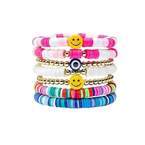 SANNIDHIÂ® 7Pcs Beads Bracelet for Girls Colorful Happy Smile Boho Beaded Bracelets Set Y2K Summer Beach Clay Jewelry for Girls