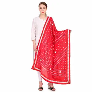 Traditions Bazaar Women's Art Silk Gota Patti Bandhani Dupatta with Moti Lace