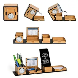 GKD Desk Organizer stylish foldable all in One Cube Box Office desk organizer with clock mobile stand portable desk organizer Calendar 2023 & 2024 corporate gifts (Bamboo Ecofriendly)