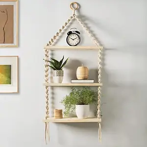 Decazone Macrame Wall Hanging 3-Tier Floating Shelves Natural e with Wooden Ring Bohemian Hand Woven Decor Bookcase Display Storage Rack Beige 105 x 40 cm (3-Tier Floating Shelves-2.)