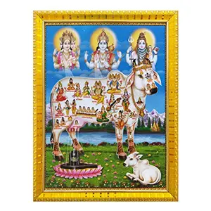 Koshtak kamdhenu cow with brahma vishnu mahesh/sa Giving blessing photo frame with Laminated Poster for puja room temple Worship (30 x 23 cm)(Golden frame)