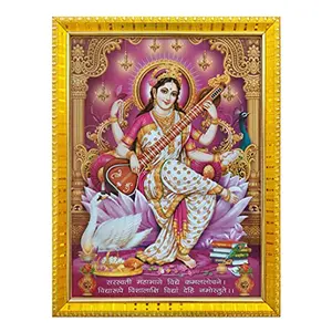 Koshtak Saraswati mata with Mantra and sitar on Lotus photo frame with Laminated Poster for puja room temple Worship/wall hanging/gift/home decor (30 x 23 cm)