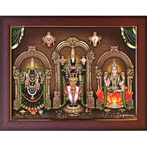 Garuda Photos - God Sri Tirupati venkateswara Swamy (Balaji) with Padmavati & Lakshmi Devi (Brown) - Photo Frame (Small 9 X 7 Inch)