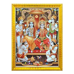 Koshtak Shri Ram Darbar / Ram Sita With Laxman Hanuman Ji Giving Blessing Photo Frame With Laminated Poster For Puja Room Temple (30 X 23 Cm) (Multicolour)