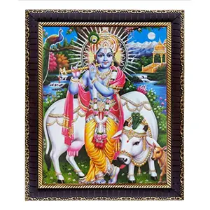 Koshtak Krishna with kamdhenu cow touching kanha ji feet photo frames for wall hanging/gift/temple/puja room/home decor with Unbreakable acrylic Glass for Worship