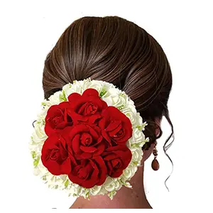 Hair Flare Artificial Floral Design with Red and White Roses Hair/Juda/Juda Bun Bridal Hair Accessories For Women and Girls- 2240 Pack of 1