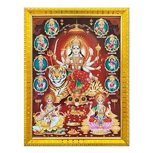 Koshtak durga maa/vaishno devi/nav durga on tiger maa saraswati & laxmi photo frame with Laminated Poster for puja room temple Worship/wall hanging/gift/home decor (30 x 23 cm)