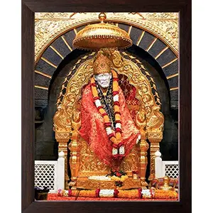 Art n Store: Shirdi Sai Baba Sitting on a Throne Under the Parasol HD Printed Religious & Decor Picture with Plane Brown Frame (22 X 17 X 1.5 CM_Brown Wood)