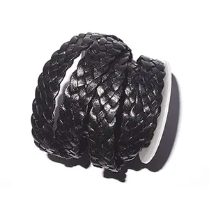 cords craft 12mm 5 Ply Flat Braided Genuine Leather Cord Black Color Hand Braided Roll of 2 Meters