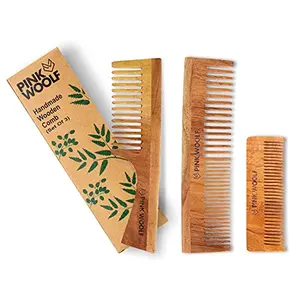 k Woolf Handmade Neem Wooden Hair Combs for Women & Men (COMBO) | Natural & | Hair Styling Comb with Fine & Wide Teeth Comb | Made in India