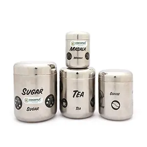 coconut Stainless Steel Jumbo Matt -Tea/Coffee/Sugar/Masala Containers Set of 4 (Sugar-500 Tea-400 Coffee - 300 & Masala - 100 ML)-Silver