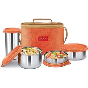 Milton Delicious Combo Stainless Steel Insulated Tiffin Set of 3 Containers (200 ml 320 ml 500 ml) and 1 Tumbler 380 ml Orange | Airtight | Dishwasher-Safe | Easy to carry | Leak proof | Insulated | Food Grade | Odour Proof
