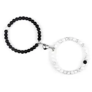 SALVE Magnetic Charm White & Black Elastic Stone Beads | Stylish Couple Love Gifts | Friendship Bracelet Combo | Set 2