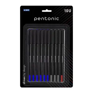 Pentonic Linc Ball Point Pen Multicolor Blister Pack | 0.7 mm | Smooth Writing Ultra- Low Viscosity Ink | Sleek Matte Finish | Black Body Multicolour Ink Pack Of 10 (6 Blue 3 Black 1 Red)