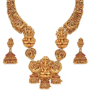 fabula Jewellery Antique Gold Tone Red & Green Stone Traditional Ethnic Temple Jewellery Long Necklace Set with Jhumka Earrings For Women & Girls (NETO14_AMR2)