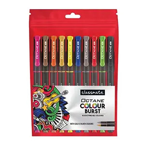 Classmate Octane Colour Burst-Multicolour Gel Pens (Pack of 10) | Gold & Silver Glitter Sparkle Pens|10 Colour Ink Shades for Art Lovers and |Fun at Home Essenti