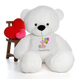 Toy Joy SOFT TOYS Big Teddy Bear 3 Feet Long Wearing A1STHAPPY Birthday T-Shirt (Bear 121 cm) with Free Heart Shape Pillow White