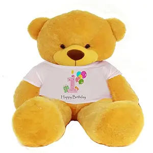 Toy Joy SOFT TOYS Big Teddy Bear 3 Feet Long Wearing A1STHAPPY Birthday T-Shirt (Bear 152 cm) with Free Heart Shape Pillow Yellow