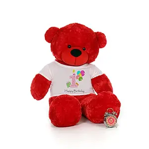 Toy Joy SOFT TOYS Big Teddy Bear 3 Feet Long Wearing A1STHAPPY Birthday T-Shirt (Bear 91 cm) with Free Heart Shape Pillow Red
