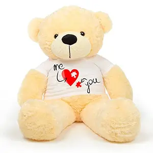 Toy Joy SOFT TOYS Big Teddy Bear 4 feet Long Wearing A Valentine Day T-Shirt (Bear 121 cm) with Free Heart Shape Pillow Cream