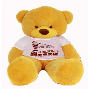 Toy Joy SOFT TOYS Big Teddy Bear 3 Feet Long Wearing A Merry CHEISTMAS T-Shirt (Bear 91 cm) with Free Heart Shape Pillow Yellow
