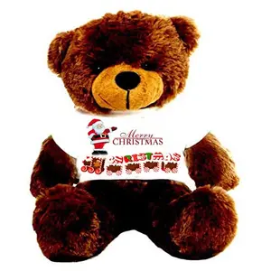 Toy Joy SOFT TOYS Big Teddy Bear 4 feet Long Wearing A Merry CHEISTMAS T-Shirt (Bear 121 cm) with Free Heart Shape Pillow Choclate Brown