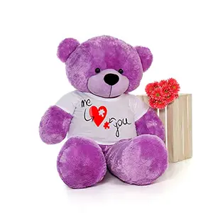 Toy Joy SOFT TOYS Big Teddy Bear 4 feet Long Wearing A Valentine Day T-Shirt (Bear 121 cm) with Free Heart Shape Pillow Purple