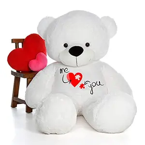 Toy Joy SOFT TOYS Big Teddy Bear 4 feet Long Wearing A Valentine Day T-Shirt (Bear 121 cm) with Free Heart Shape Pillow White