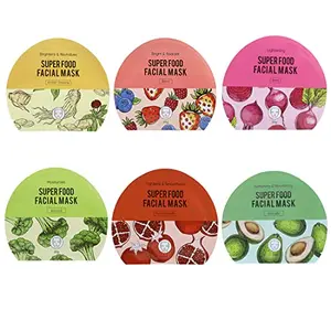 MINISO Facial Sheet Masks Super Organic Pomegranate & Avocado for Antioxidant Korean Ginseng & Broccoli Brighten Skin Berry & Beet Give Skin Elasticity Vitality 6 Pack
