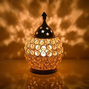 Festive Vibes Akhand Diya Decorative Brass Crystal Oil Lamp T Light Holder Lantern Oval Shape Diya for Puja and Festival Decoration Diwali Gifts Home Decor Puja Lamp (Medium)