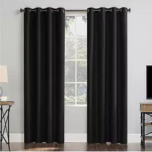 Christmas Vibes Room Darkening Silk Blackout Curtains for Door (Pack of 2 Pc Black 4x7 ft) Blackout Curtains with 3 Layers Weaving Technology Metal Grommet Door Curtains Dark Room Curtain