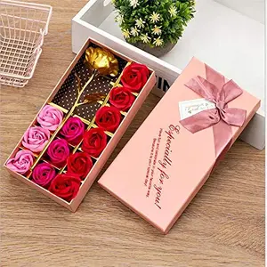 Christmas Vibes Mothers Day Gift Gold Rose with Rose Shaped Rose Gift Box - (Pink) - 1 PC 1 Gold Rose Flower with 12 soap Rose Flower Best Gift for Mother Gift Box for Women Birthday Gift