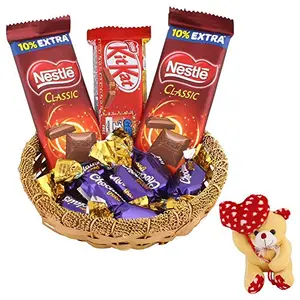 SFU E Com Nestle Chocolates Gift Hamper | Valentine Heart Teddy Bear with Chocolate Combo | Valentine Chocolate Hamper | 300