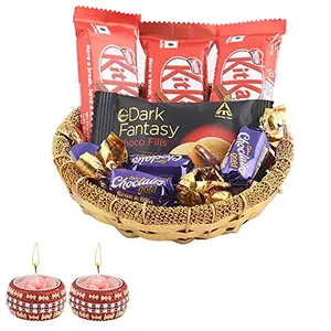 SFU E Com Nestle Kitkat with Creamy Dark Fantasy| Premium Diwali Chocolate Gift | Diwali Designer Diya Set of 2 | Chocolate Gift Hamper | 1104