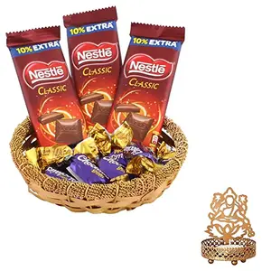 SFU E Com Nestle Classic & Choclairs Gold Chocolates Gift Hamper| Premium Diwali Chocolate Gift | laxmi ji Shadow Candle Holder with Chocolate Hamper | Chocolate Gift Hamper | 297
