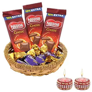 SFU E Com Nestle Classic & Choclairs Gold Chocolates Gift Hamper| Premium Diwali Chocolate Gift | Diwali Designer Diya Set of 2 | Chocolate Gift Hamper | 294