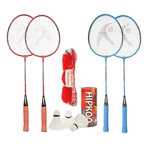 Hipkoo Sports Spirit Aluminum Badminton Complete Racquets Set. 4 Wide Body Racket 3 Shuttlecocks and Net. Ideal for Beginner and Recreational. Lightweight & Sturdy (Assorted Set of 4)
