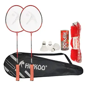 Hipkoo Sports Fine Aluminum Badminton Complete Racquets Set. 2 Wide Body Racket with Cover 3 Shuttlecocks and Net. Ideal for Beginner. Lightweight & Sturdy (Red Set of 2)