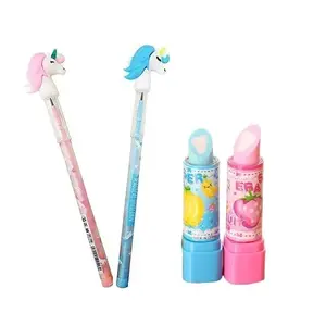Christmas Vibes Combo of 2 Unicorn Pencil and 2 Lipstick Shape Eraser| Beautiful Attractive and Unique Design Non- Toxic Eraser with Non Sharpening Push Bullet Pencil for Kids