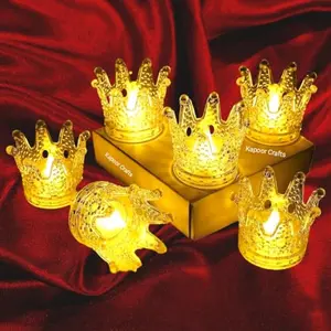 Christmas Vibes 2 pcs Crown Shaped Flameless and Smokeless Decorative Candles Transparent Acrylic Led Tea Light Candle for Christmas Festival Candles (2 Pcs Yellow)