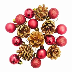 Christmas Vibes 12 Pcs Red Balls and 6 Pcs Wooden Pine Cones Christmas X-Mass Tree Decoration Balls Hangings Ornaments Christmas Hanging Tree Balls