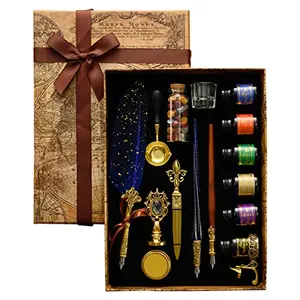 Christmas Vibes Feather Pen with Ink Calligraphy Feather Pen with Wax Seal Stamp Includes Feather Dip Pen Glass Dip Pen 6 Ink 18 Replacement Nibs Pen Holder Seal Stamp Wax Beads Wax Spoon (Blue)