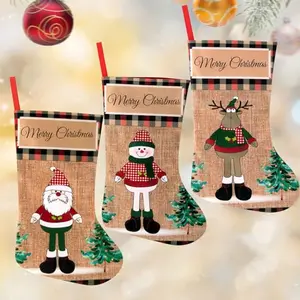 Christmas Vibes 3pcs Christmas Stocking 16 inch Linen Print Christmas Gift Stocking Hanging Christmas Stockings Gift Christmas Stocking Christmas Stocking for Window Christmas Tree Door Christmas Party