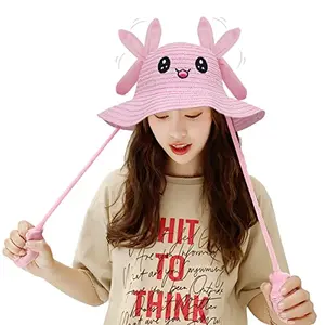Christmas Vibes Straw Sun Hats for Women Bunny Dancing Ears Hat Rabbit Moving Ear Flaps and Press Paws Breathable Wide Brim Summer Beach Hat for Travel & Outdoor Activities Bucket Hat for Girls Adult Pink