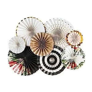 Christmas Vibes Circular Folded Paper Fan Flower Party Supplies Wedding Background Decoration Window Dressing(Pack of 8)(Black Gold)